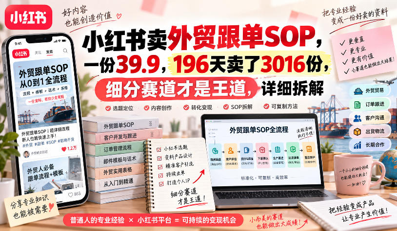小红书卖外贸跟单sop，一份39.9，196天卖了3016份，细分赛道才是王道，详细拆解-我爱项目网