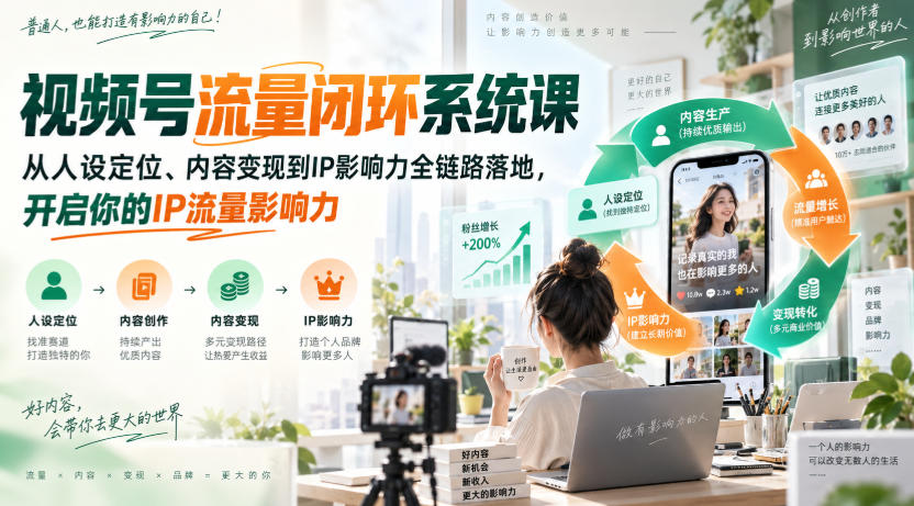 视频号流量闭环系统课，从人设定位、内容变现到IP影响力全链路落地，开启你的IP流量影响力-我爱项目网