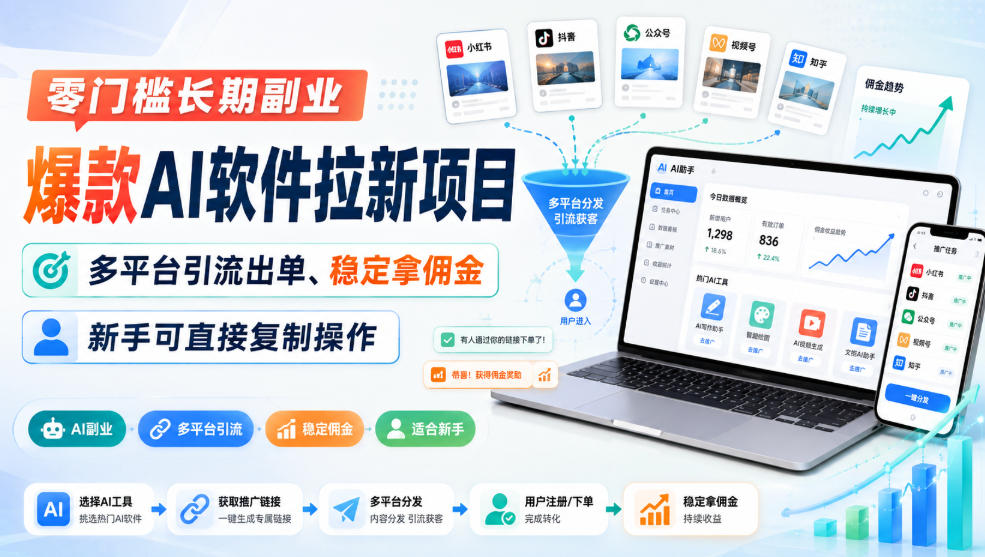 零门槛长期副业，爆款AI软件拉新项目，多平台引流出单、稳定拿佣金，新手可直接复制操作-我爱项目网