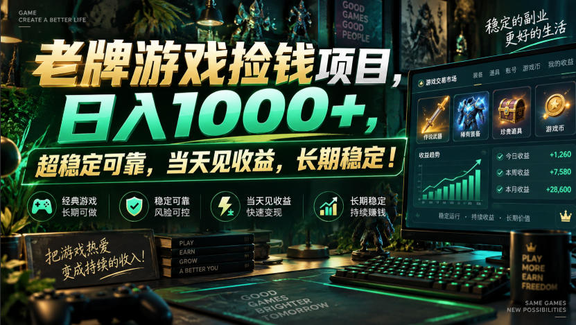 老牌游戏捡钱项目，日入1000+，超稳定可靠，当天见收益，长期稳定！【揭秘】-我爱项目网