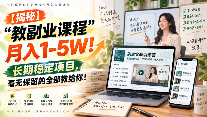 【揭秘】“教副业课程”月入1-5W！长期稳定项目，毫无保留的全部教给你！-我爱项目网