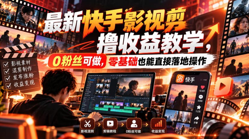 最新快手影视混剪撸收益教学，0粉丝可做，零基础也能直接落地操作-我爱项目网