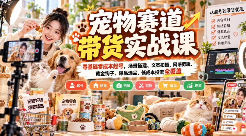 宠物赛道带货实战课，零基础零成本起号，场景搭建、文案拍摄、网感剪辑、黄金钩子、爆品选品、低成本投流全覆盖-我爱项目网