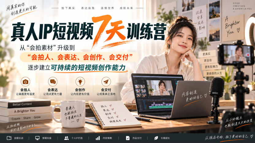 真人IP短视频7天训练营，从“会拍素材”升级到“会拍人、会表达、会创作、会交付”，逐步建立可持续的短视频创作能力-我爱项目网