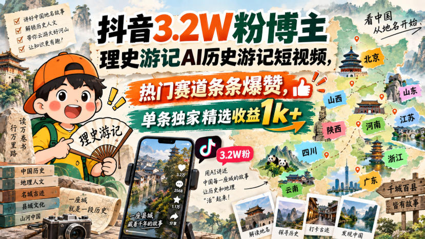 抖音3.2W粉博主理史游记AI历史游记短视频教学，热门赛道条条爆赞，单条独家精选收益1k+-我爱项目网