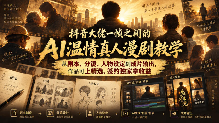 抖音大佬一帧之间的AI温情真人漫剧教学,从剧本、分镜、人物设定到成片输出,作品可上精选、签约独家拿收益-我爱项目网