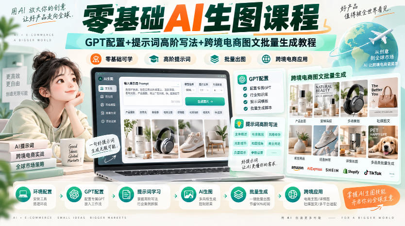 零基础AI生图课程，GPT配置+提示词高阶写法+跨境电商图文批量生成教程-我爱项目网