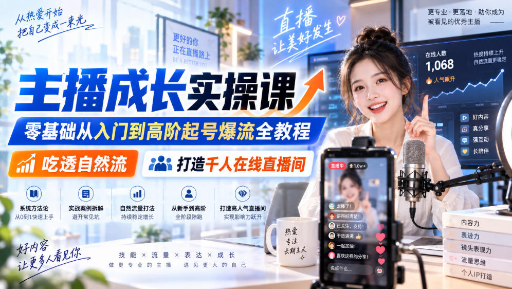 主播成长实操课｜零基础从入门到高阶起号爆流全教程，吃透自然流，打造千人在线直播间-我爱项目网