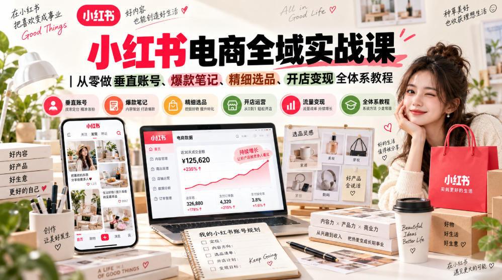 小红书电商全域实战课｜从零做垂直账号、爆款笔记、精细选品、开店变现全体系教程-我爱项目网