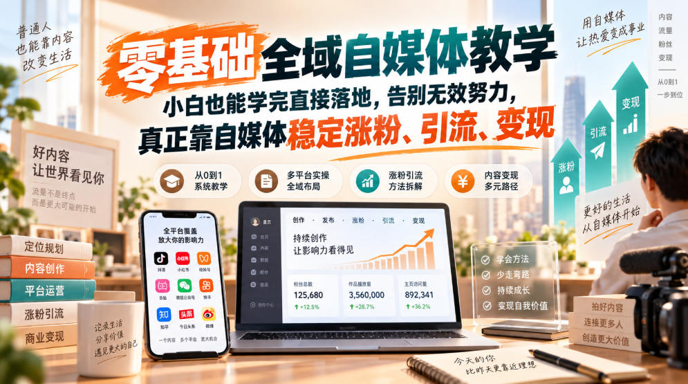 零基础全域自媒体教学，小白也能学完直接落地，告别无效努力，真正靠自媒体稳定涨粉、引流、变现-我爱项目网