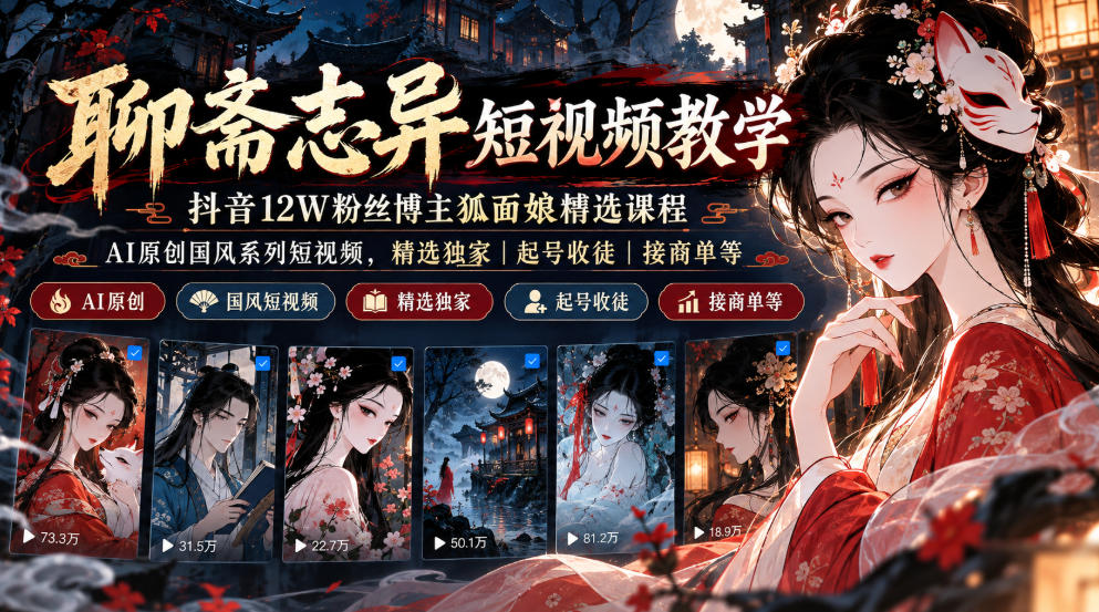聊斋志异短视频教学,抖音12W粉丝博主狐面娘精选课程,AI原创国风系列短视频,精选独家丨起号收徒丨接商单等-我爱项目网