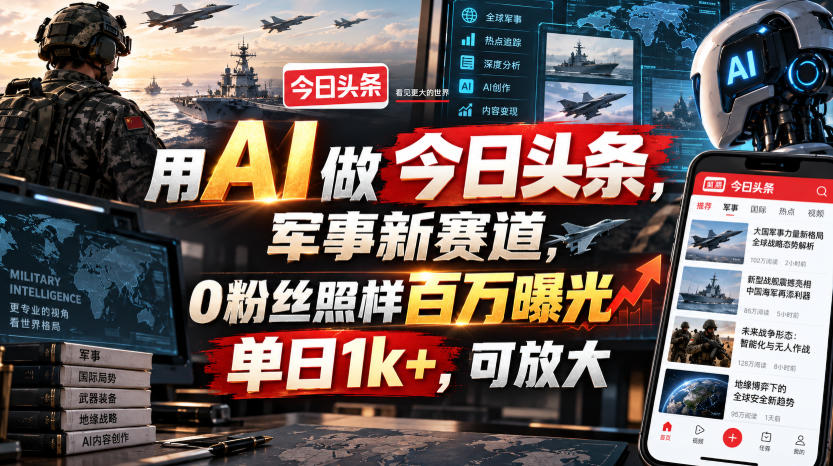 用AI做今日头条，军事新赛道，0粉丝照样百万曝光，单日1k+，可放大-我爱项目网