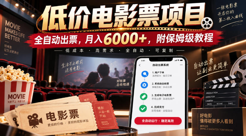 低价电影票项目，全自动出票，月入6000+，附保姆级教程【揭秘】-我爱项目网