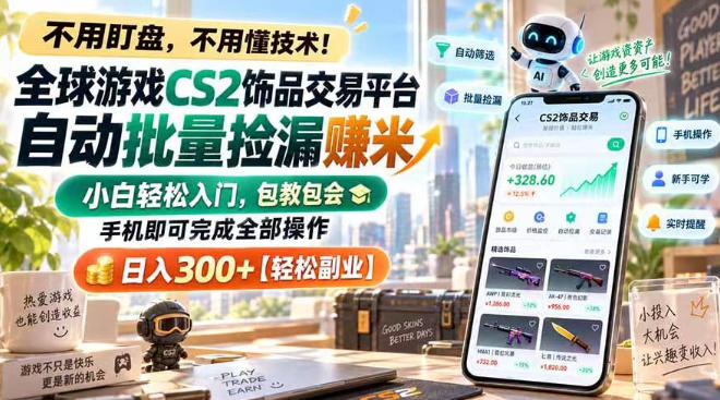 全球游戏CS2饰品交易平台自动批量捡漏賺米，小白轻松入门，包教包会，手机即可完成全部操作，日入300+【揭秘】-我爱项目网