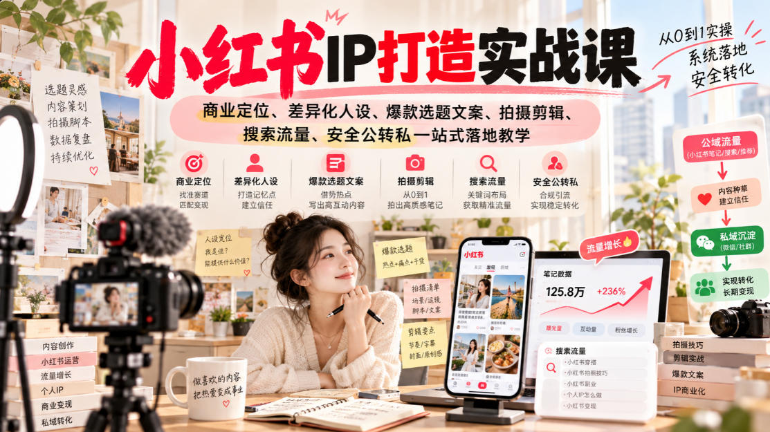 小红书ip打造实战课，商业定位、差异化人设、爆款选题文案、拍摄剪辑、搜索流量、安全公转私一站式落地教学-我爱项目网