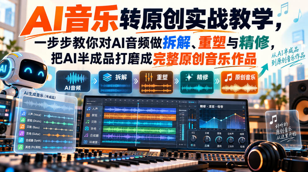 AI音乐转原创实战教学，一步步教你对AI音频做拆解、重塑与精修，把AI半成品打磨成完整原创音乐作品-我爱项目网