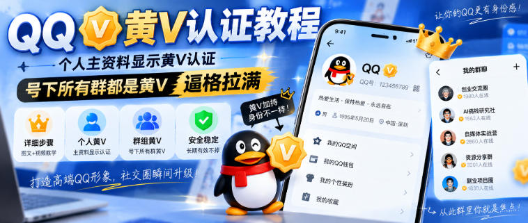 QQ黄V认证教程,个人主资料显示黄V认证,号下所有群都是黄V,逼格拉满-我爱项目网