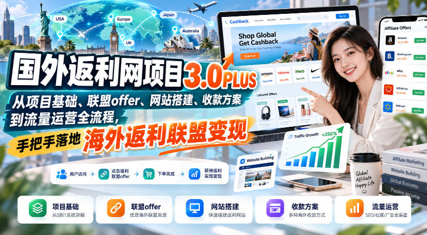 国外返利网项目3.0PLUS，从项目基础、联盟offer、网站搭建、收款方案到流量运营全流程，手把手落地海外返利联盟变现-我爱项目网