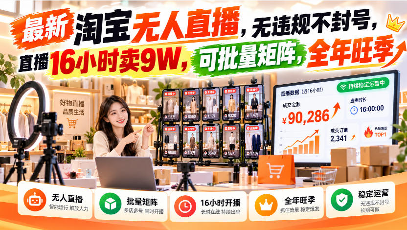 最新淘宝无人直播,无违规不封号,直播16小时卖9W,可批量矩阵,全年旺季【揭秘】-我爱项目网