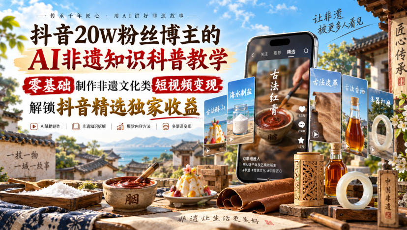 抖音20W粉丝博主的AI非遗知识科普教学，零基础制作非遗文化类短视频变现，解锁抖音精选独家收益-我爱项目网