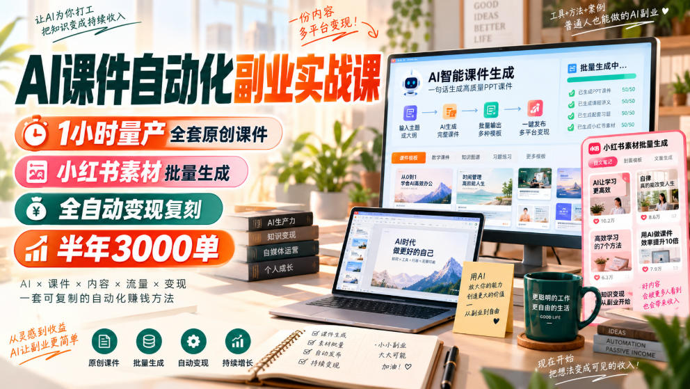 AI课件自动化副业实战课，1小时量产全套原创课件，小红书素材批量生成，全自动变现复刻，半年3000单-我爱项目网
