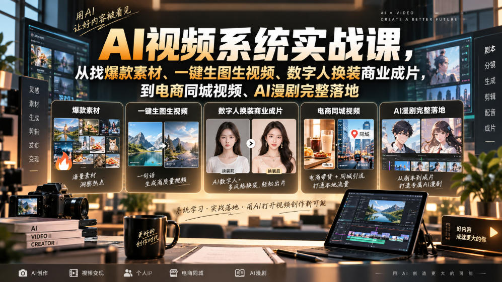 AI视频系统实战课，从找爆款素材、一键生图生视频、数字人换装商业成片，到电商同城视频、AI漫剧完整落地-我爱项目网