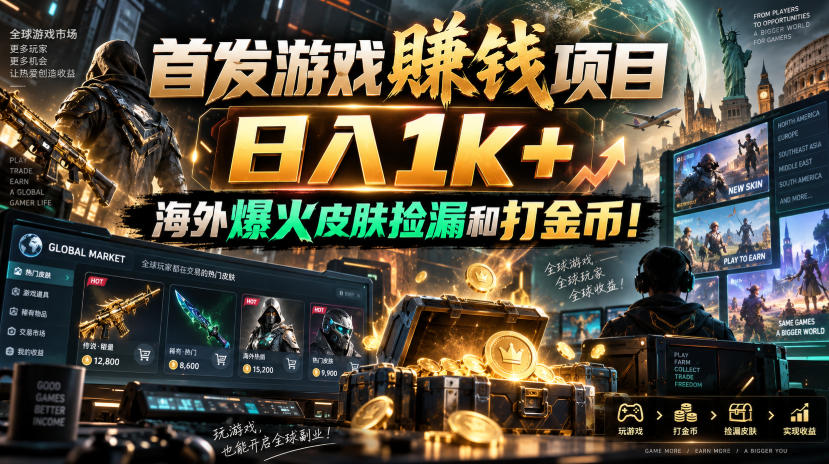 首发游戏賺钱项目，日入1k+，海外爆火皮肤捡漏和打金币！【揭秘】-我爱项目网