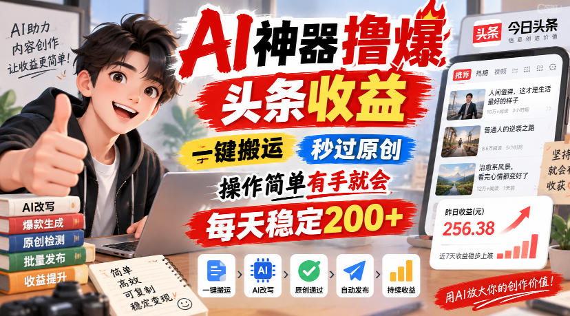 AI神器撸爆头条收益，一键搬运，秒过原创，操作简单有手就会，每天稳定200+【揭秘】-我爱项目网