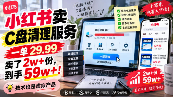 小红书卖C盘清理服务，一单29.99，卖了2w+份，技术也是虚拟产品-我爱项目网