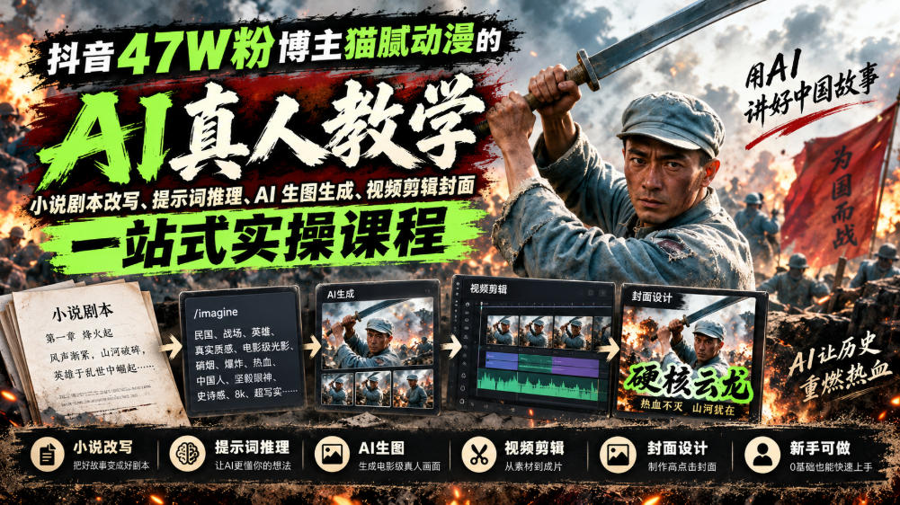 抖音47W粉博主猫腻动漫的AI真人漫剧教学，小说剧本改写、提示词推理、AI生图生成、视频剪辑封面一站式实操课程-我爱项目网