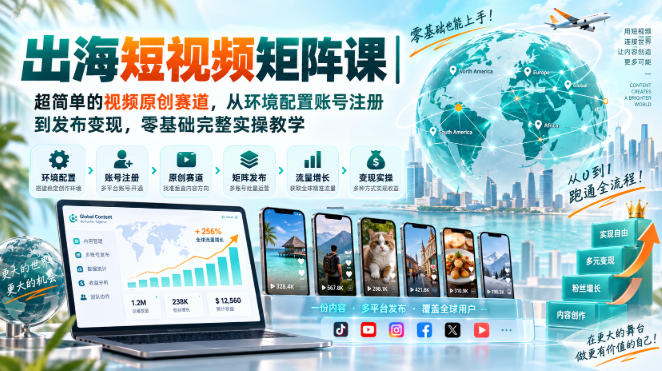 出海短视频矩阵课｜超简单的视频原创赛道，从环境配置账号注册到发布变现，零基础完整实操教学-我爱项目网