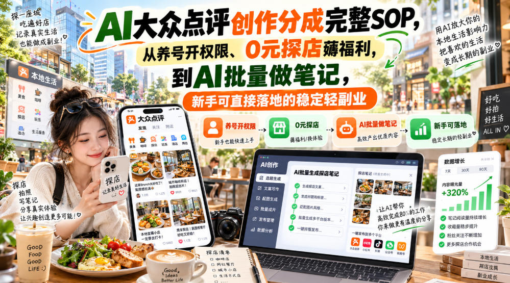 【无水印】AI大众点评创作分成完整SOP，从养号开权限、0元探店薅福利，到AI批量做笔记，新手可直接落地的稳定轻副业-我爱项目网