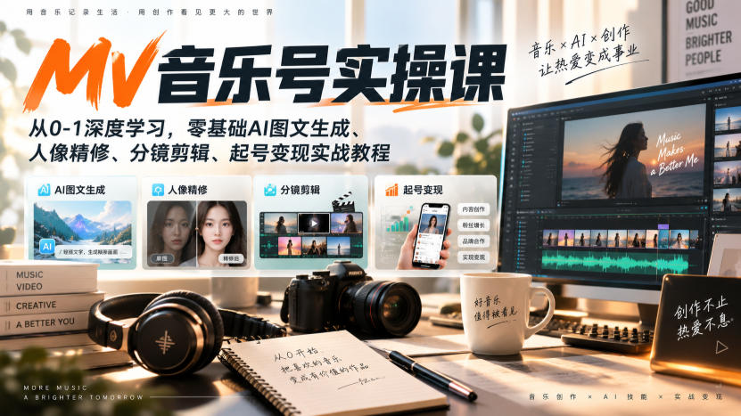 AI MV音乐号实操课，从0-1深度学习，零基础AI图文生成、人像精修、分镜剪辑、起号变现实战教程-我爱项目网