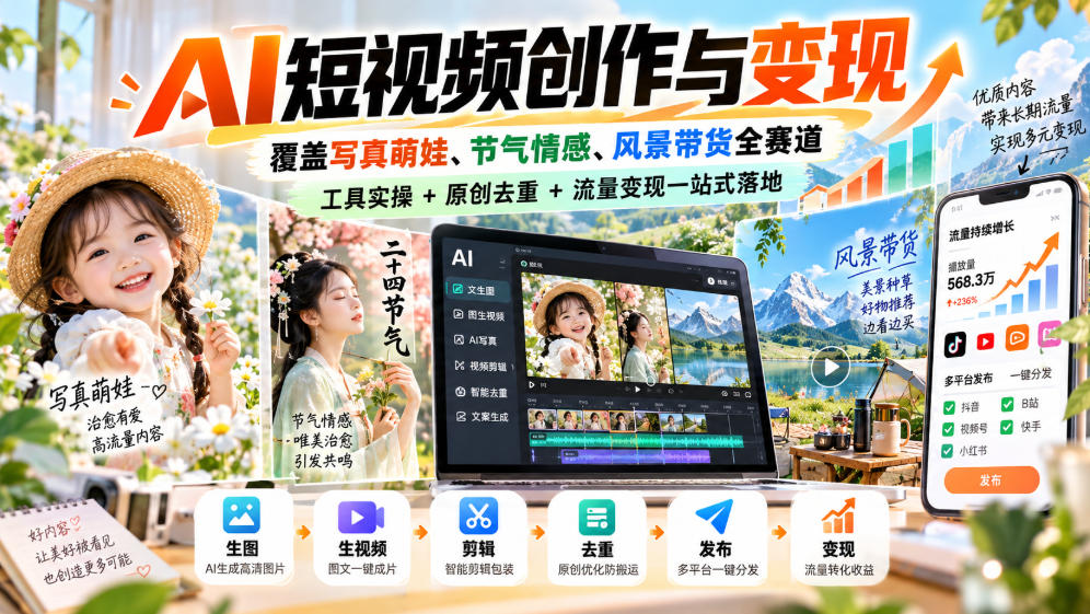 AI短视频创作与变现，覆盖写真萌娃、节气情感、风景带货全赛道，工具实操+原创去重+流量变现一站式落地-我爱项目网