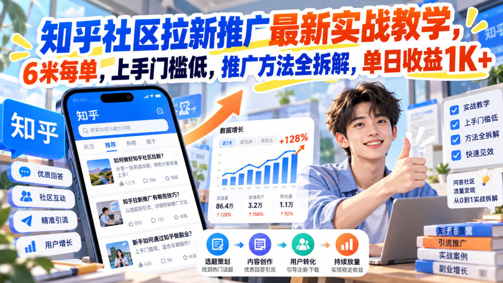 知乎社区拉新推广最新实战教学，6米每单，上手门槛低，推广方法全拆解，单日收益1K+！-我爱项目网