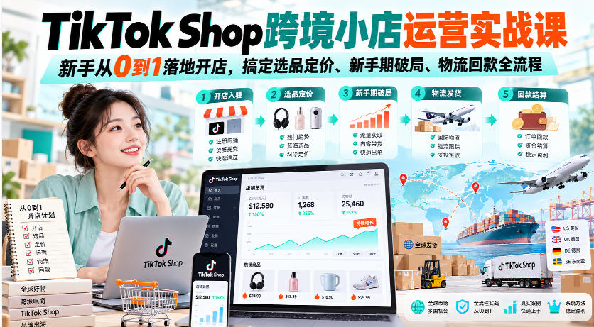 TikTok Shop跨境小店运营实战课，新手从0到1落地开店，搞定选品定价、新手期破局、物流回款全流程-我爱项目网