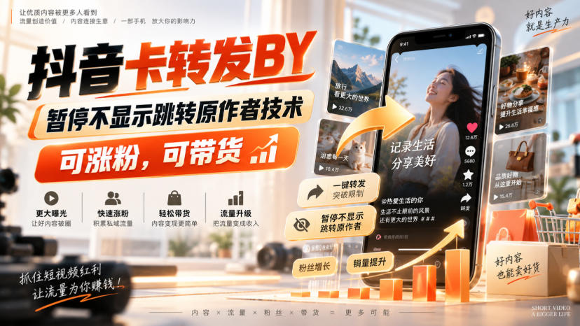 抖音卡转发搬运，暂停不显示跳转原作者技术，可涨粉，可带货-我爱项目网