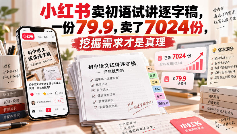 小红书卖初语试讲逐字稿，一份79.9，卖了7024份，挖掘需求才是真理-我爱项目网