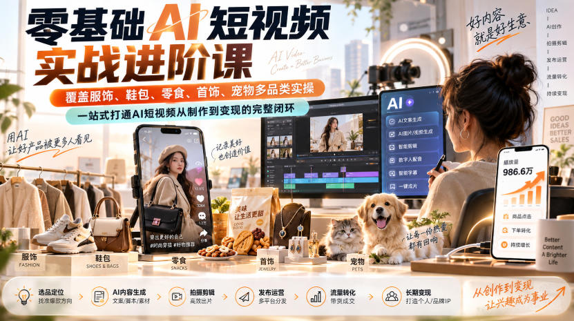 零基础AI短视频实战进阶课，覆盖服饰、鞋包、零食、首饰、宠物多品类实操，一站式打通AI短视频从制作到变现的完整闭环-我爱项目网