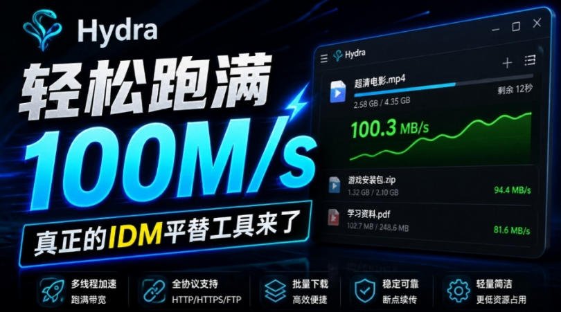 轻松跑满100M/s，真正的IDM平替工具来了，开源多线程器，支持浏览器拓展，一键智能加速Hydra Download Manager-我爱项目网