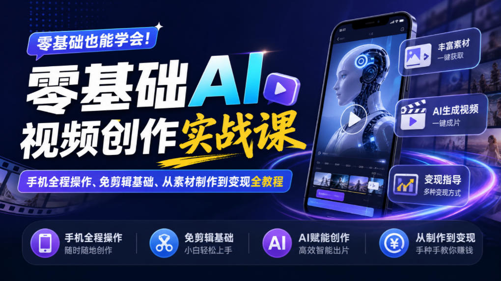 零基础AI视频创作实战课｜手机全程操作、免剪辑基础、从素材制作到变现全教程​-我爱项目网