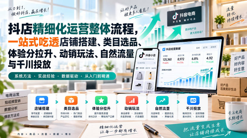 李哥电商-抖店精细化运营整体流程，一站式吃透店铺搭建、类目选品、体验分拉升、动销玩法、自然流量与千川投放-我爱项目网