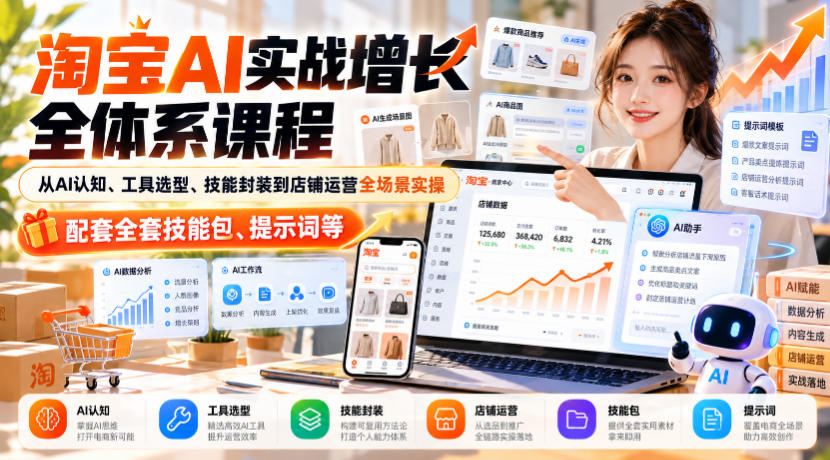 淘宝AI实战增长全体系课程，从AI认知、工具选型、技能封装到店铺运营全场景实操，配套全套技能包、提示词等-我爱项目网