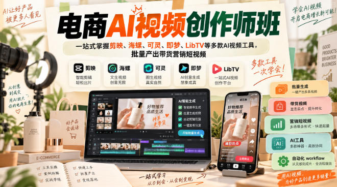 电商AI视频创作师班，一站式掌握剪映、海螺、可灵、即梦、LibTV等多款AI视频工具，批量产出带货营销短视频-我爱项目网