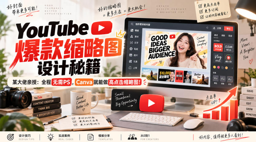 YouTube爆款缩略图设计秘籍，某油管大佬（610万订阅者）亲授，全程无需PS，Canva就能做高点击缩略图！【原创双语字幕】-我爱项目网