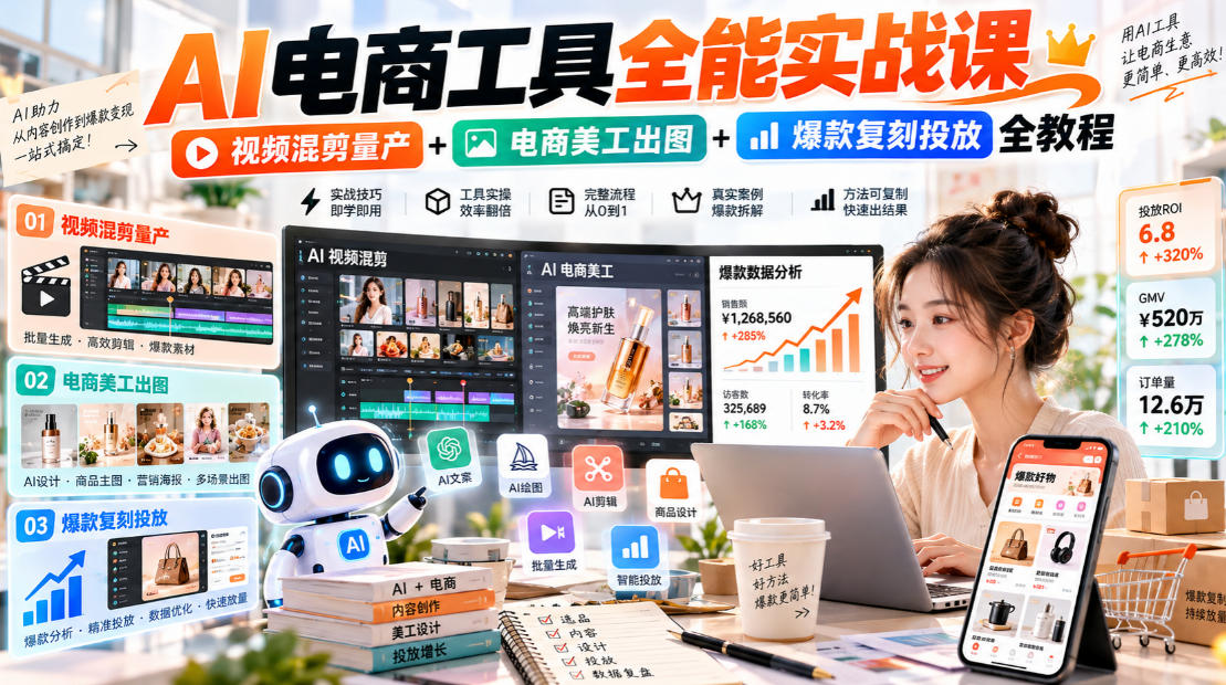 AI电商工具全能实战教学，视频混剪量产+电商美工出图+爆款复刻投放全教程​-我爱项目网
