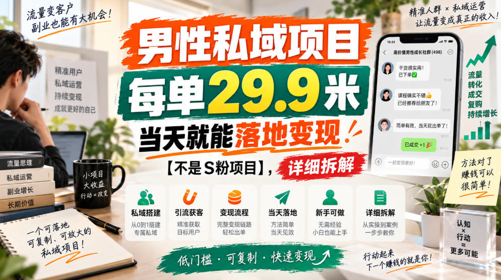 男性私域项目,每单29.9米,当天就能落地变现【不是S粉项目】,详细拆解-我爱项目网