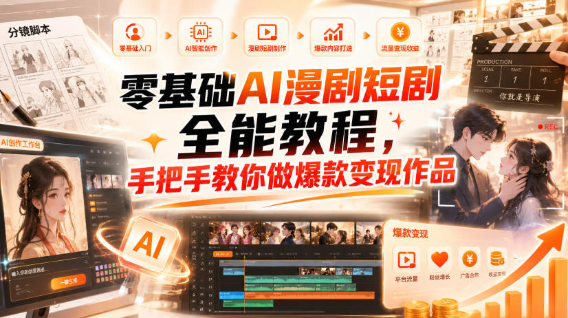 零基础AI漫剧短剧全能教程，从AI智能体搭建、文案脚本分镜、多平台AI生视频、剪映精修，覆盖全题材创作，手把手教你做爆款变现作品-我爱项目网