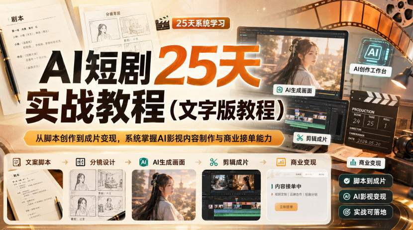 AI短剧25天实战教程（文字版教程），从脚本创作到成片变现，系统掌握AI影视内容制作与商业接单能力-我爱项目网
