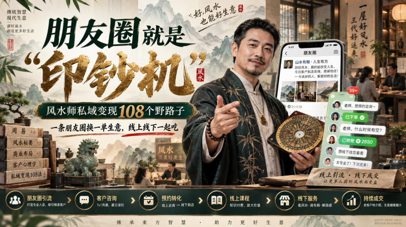 朋友圈就是“印钞机”，风水师私域变现108个野路子，一条朋友圈换一单生意，线上线下一起吃【文档】-我爱项目网